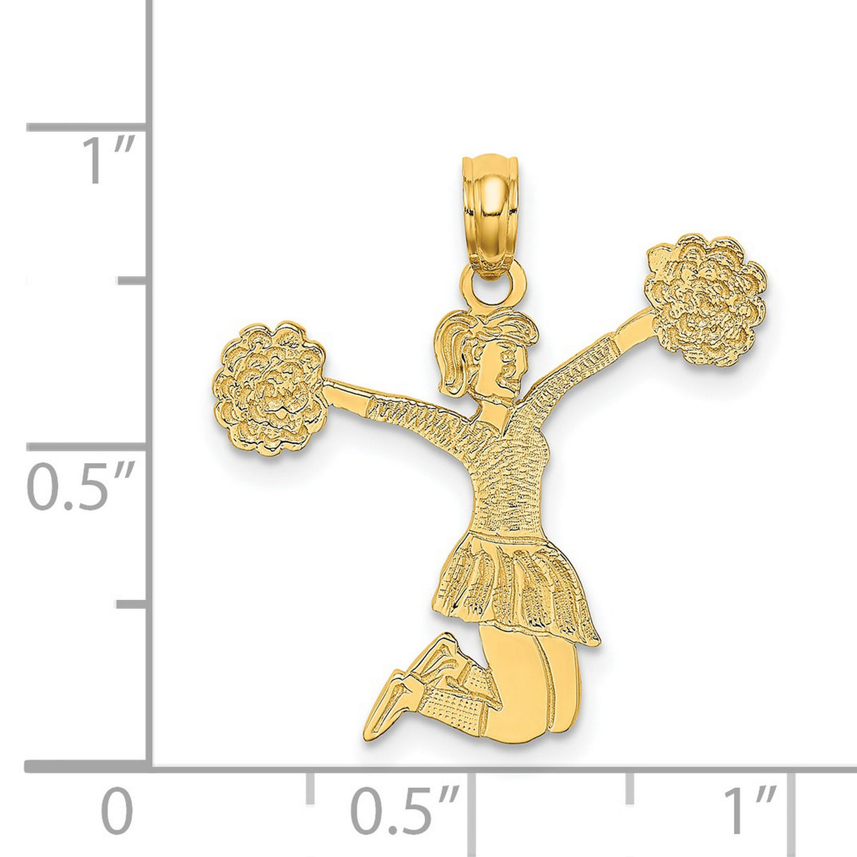 14k Yellow Gold Cheerleader Pendant with Pom-Poms, Jumping Female Figure Charm