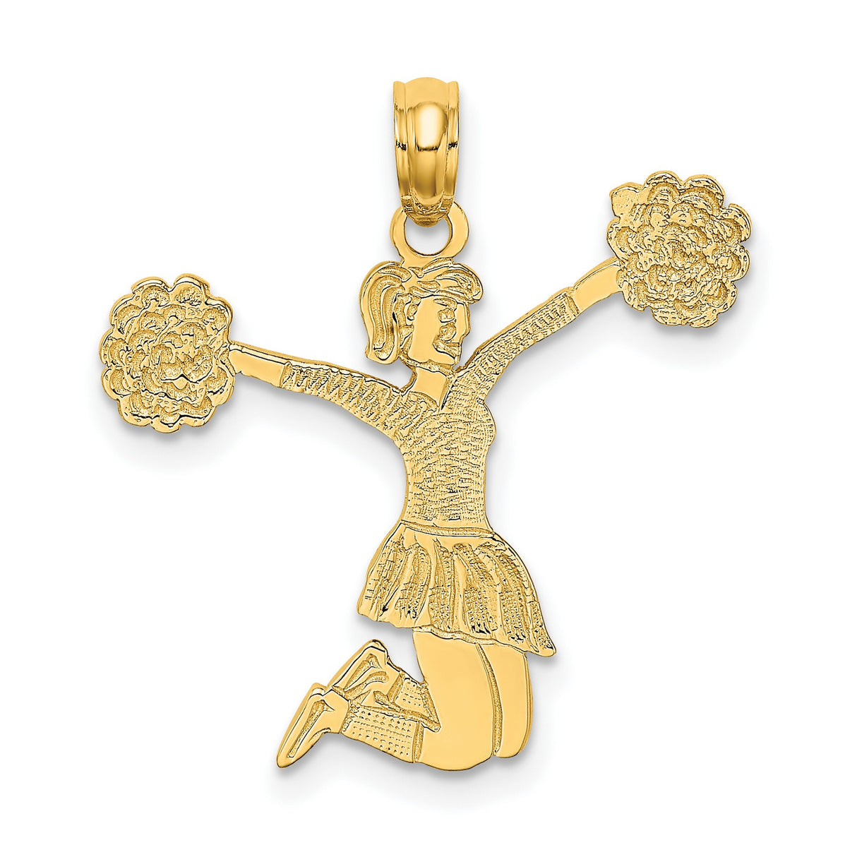 14k Yellow Gold Cheerleader Pendant with Pom-Poms, Jumping Female Figure Charm