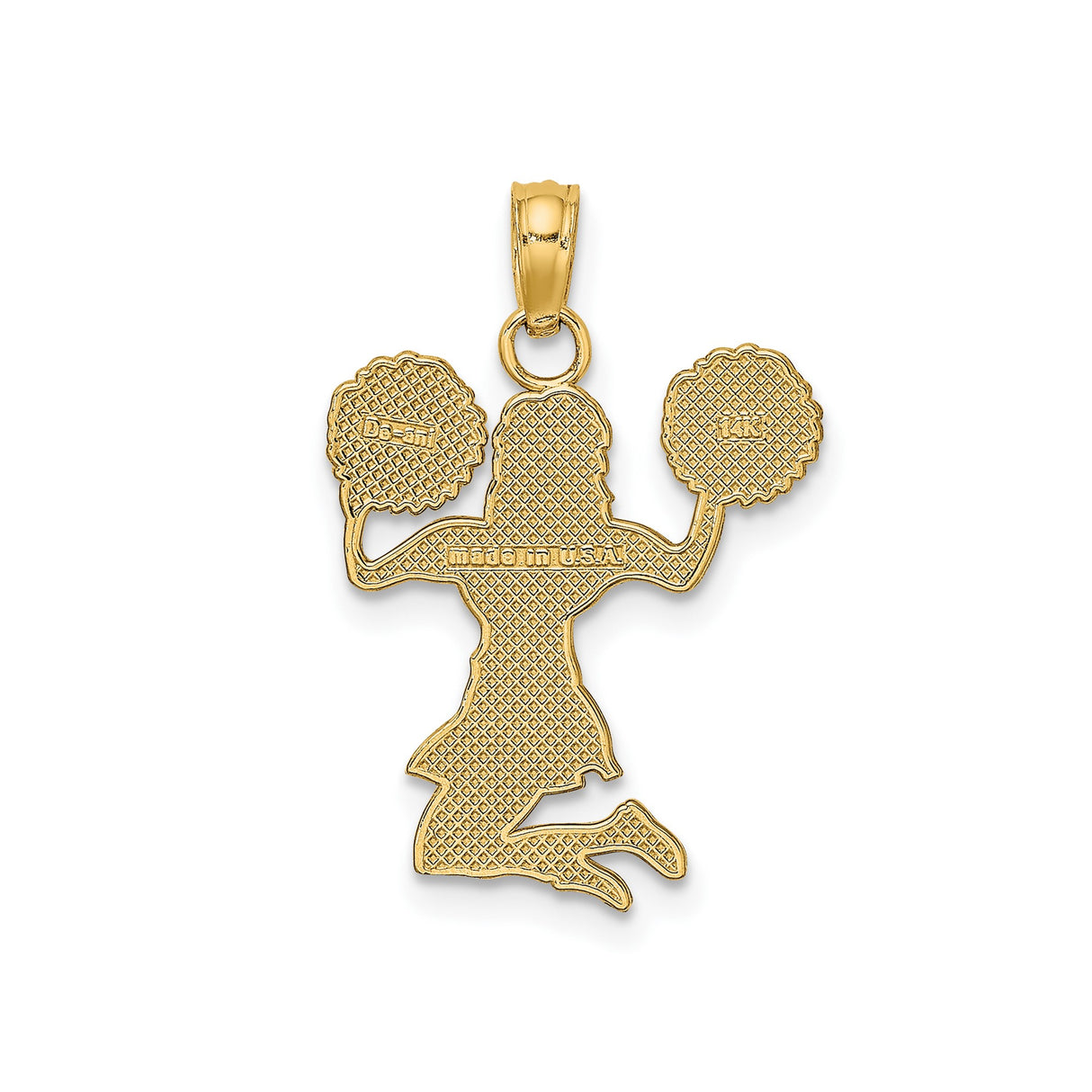 14k Yellow Gold Cheerleader Pendant with Pom-Poms in Mid-Jump, Female Sports Charm