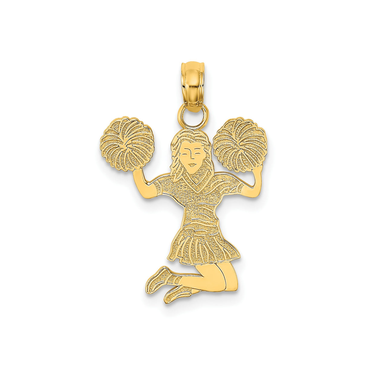 14k Yellow Gold Cheerleader Pendant with Pom-Poms in Mid-Jump, Female Sports Charm