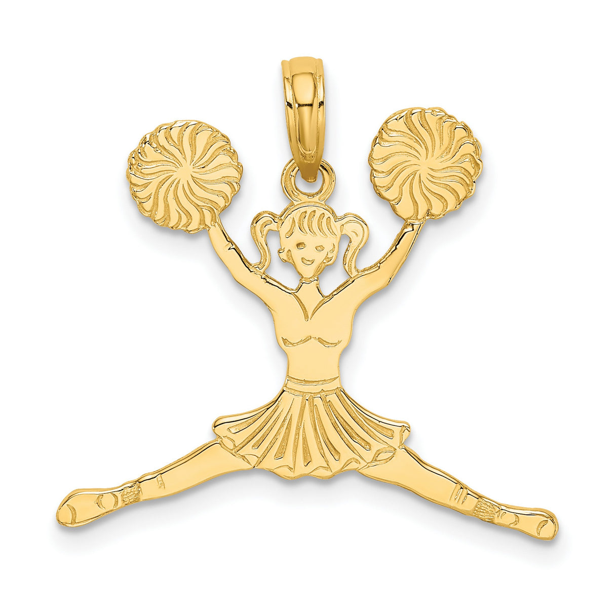 14k Yellow Gold Cheerleader Pendant with Pom-Poms, Split Jump Dance Charm for Girls or Teens