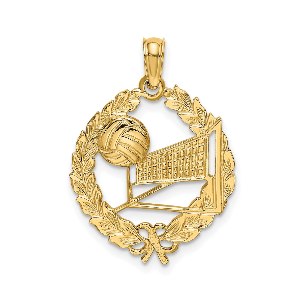 14k Yellow Gold Volleyball Net Pendant with Laurel Wreath and Ball Design