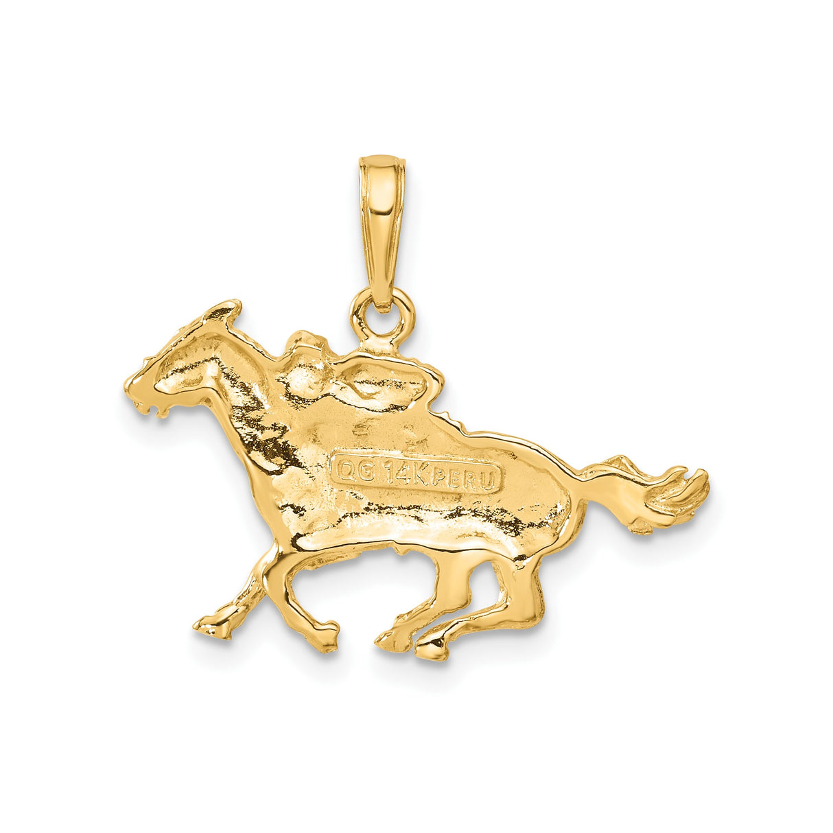 14k Yellow Gold Galloping Horse Pendant with Jockey Rider, Equestrian Racing Charm