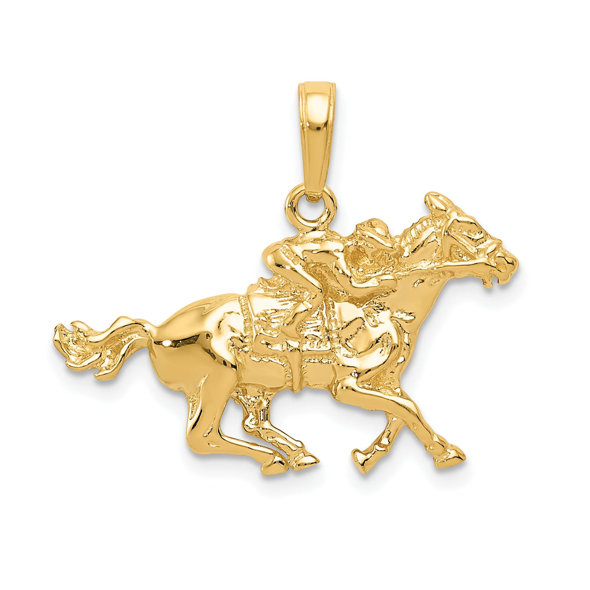 14k Yellow Gold Galloping Horse Pendant with Jockey Rider, Equestrian Racing Charm