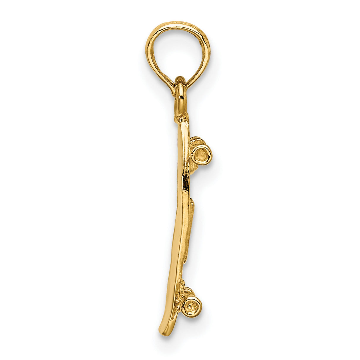 14k Yellow Gold Skateboard Pendant with Textured Longboard Design and Miniature Wheels
