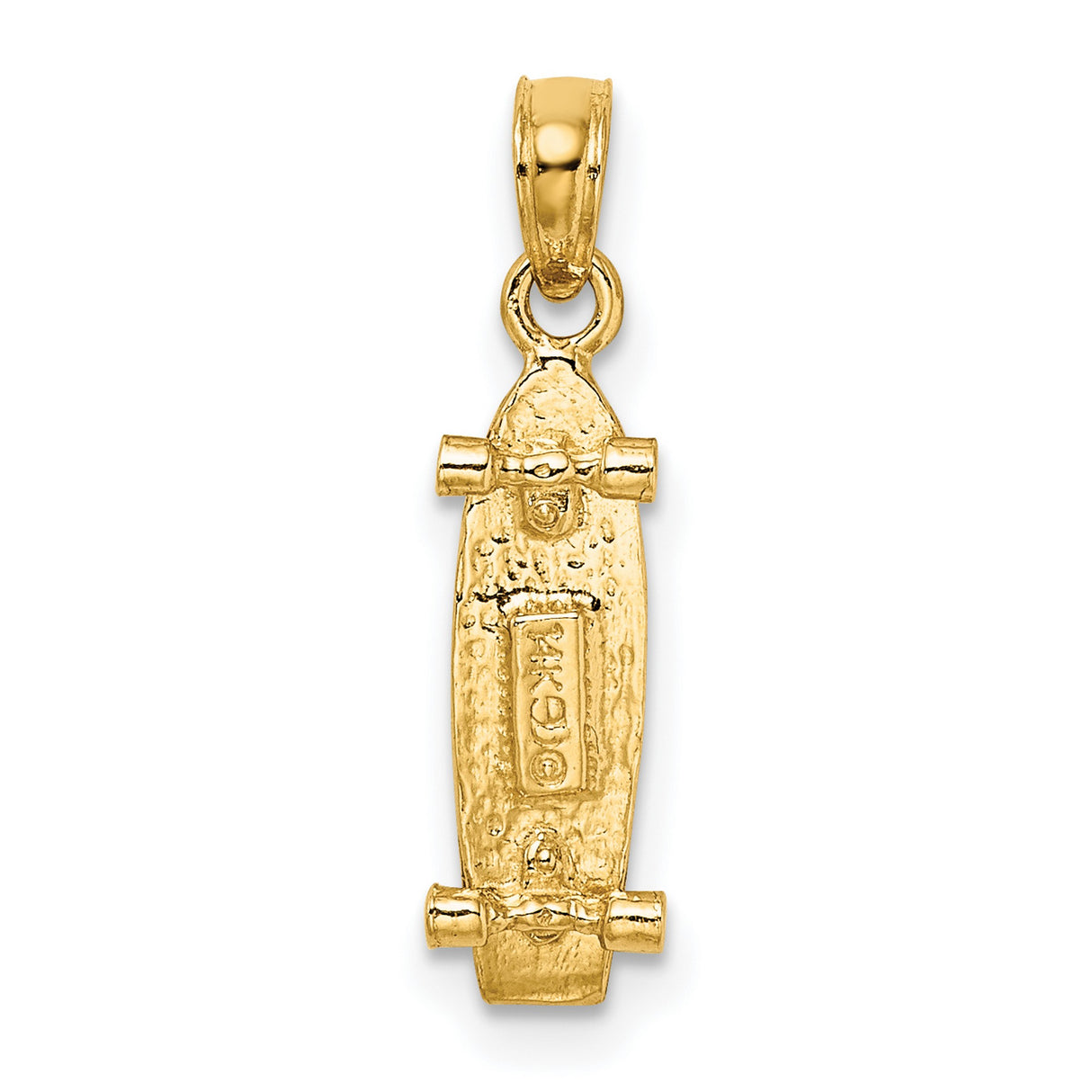 14k Yellow Gold Skateboard Pendant with Textured Longboard Design and Miniature Wheels