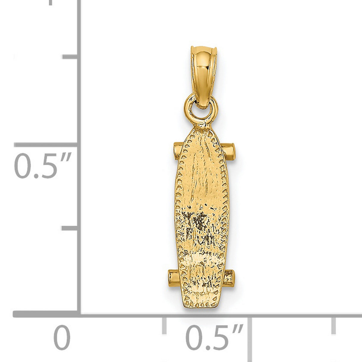 14k Yellow Gold Skateboard Pendant with Textured Longboard Design and Miniature Wheels