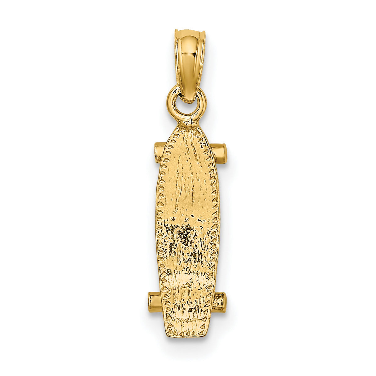 14k Yellow Gold Skateboard Pendant with Textured Longboard Design and Miniature Wheels