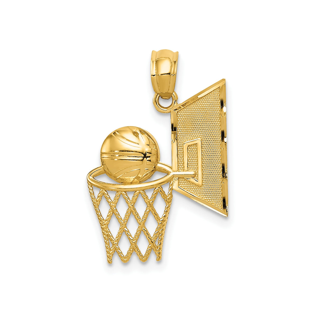 14k Yellow Gold Basketball Hoop Pendant with Backboard Design, Sports Charm for Men or Teens