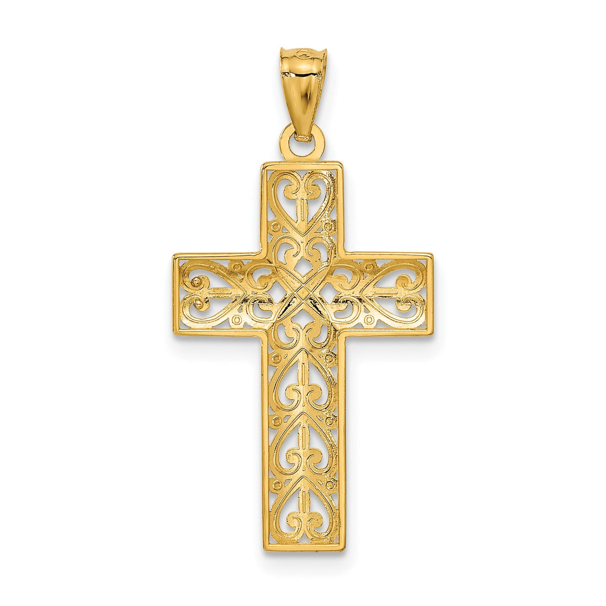 14k Yellow Gold Filigree Latin Cross Pendant with Diamond Cut Detailing and Openwork Design