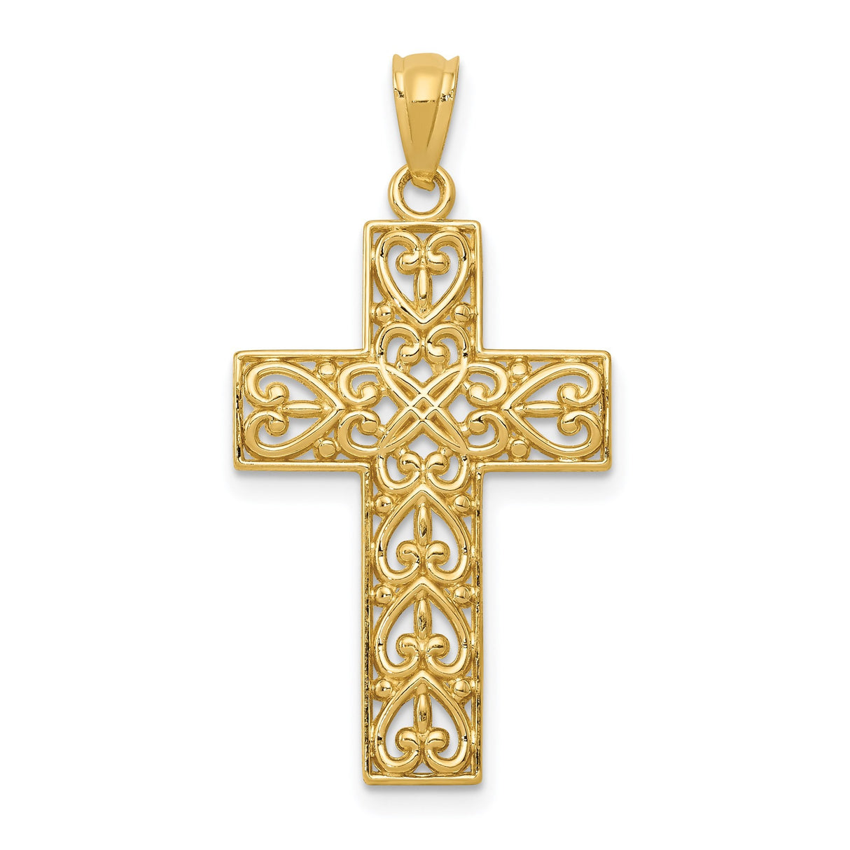 14k Yellow Gold Filigree Latin Cross Pendant with Diamond Cut Detailing and Openwork Design