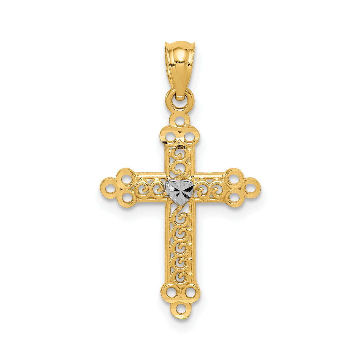 14k Two-Tone Gold Cross Pendant with Filigree Scrollwork and Heart Center Design