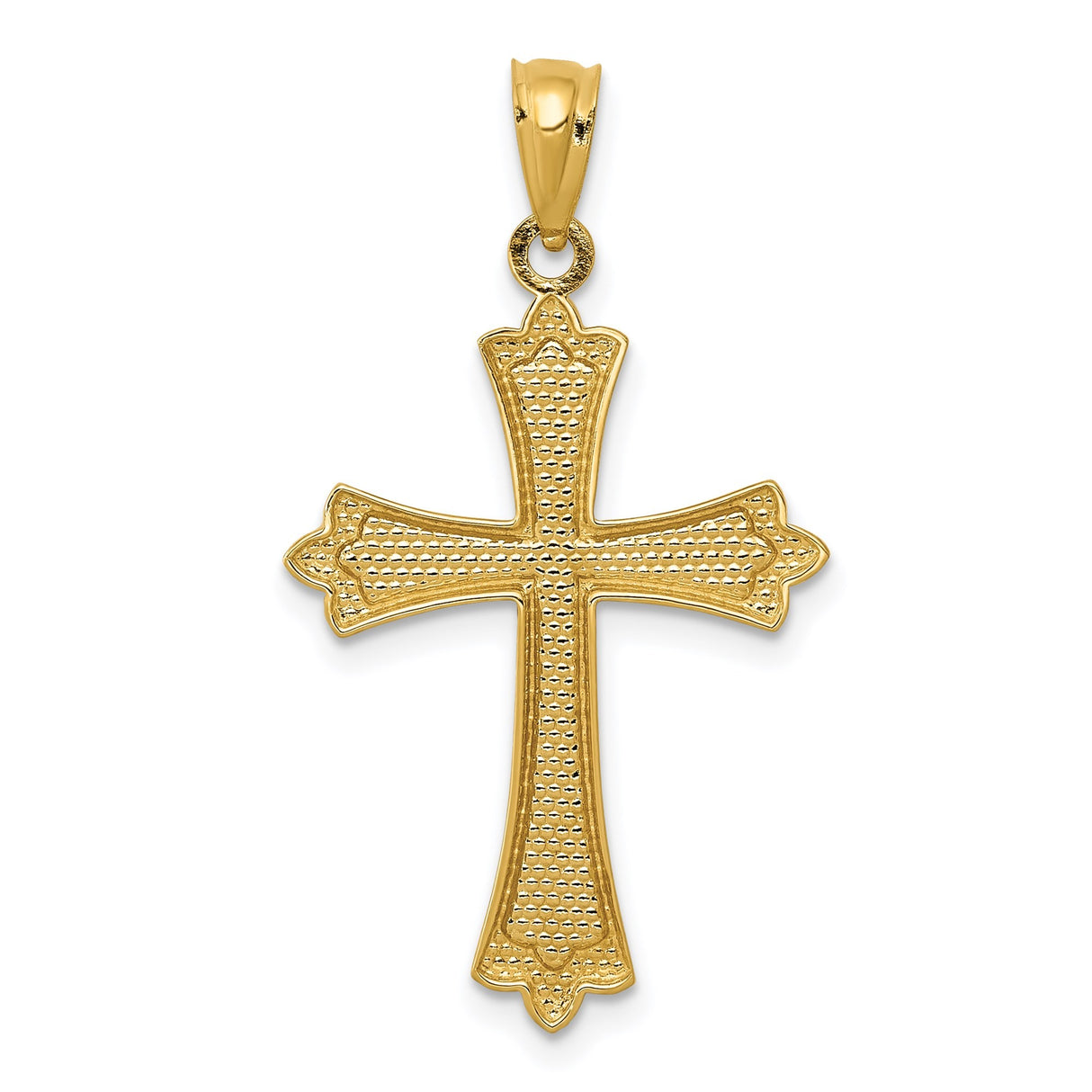 14k Yellow Gold Fleur De Lis Cross Pendant with Textured Surface and Mirror Edge Design