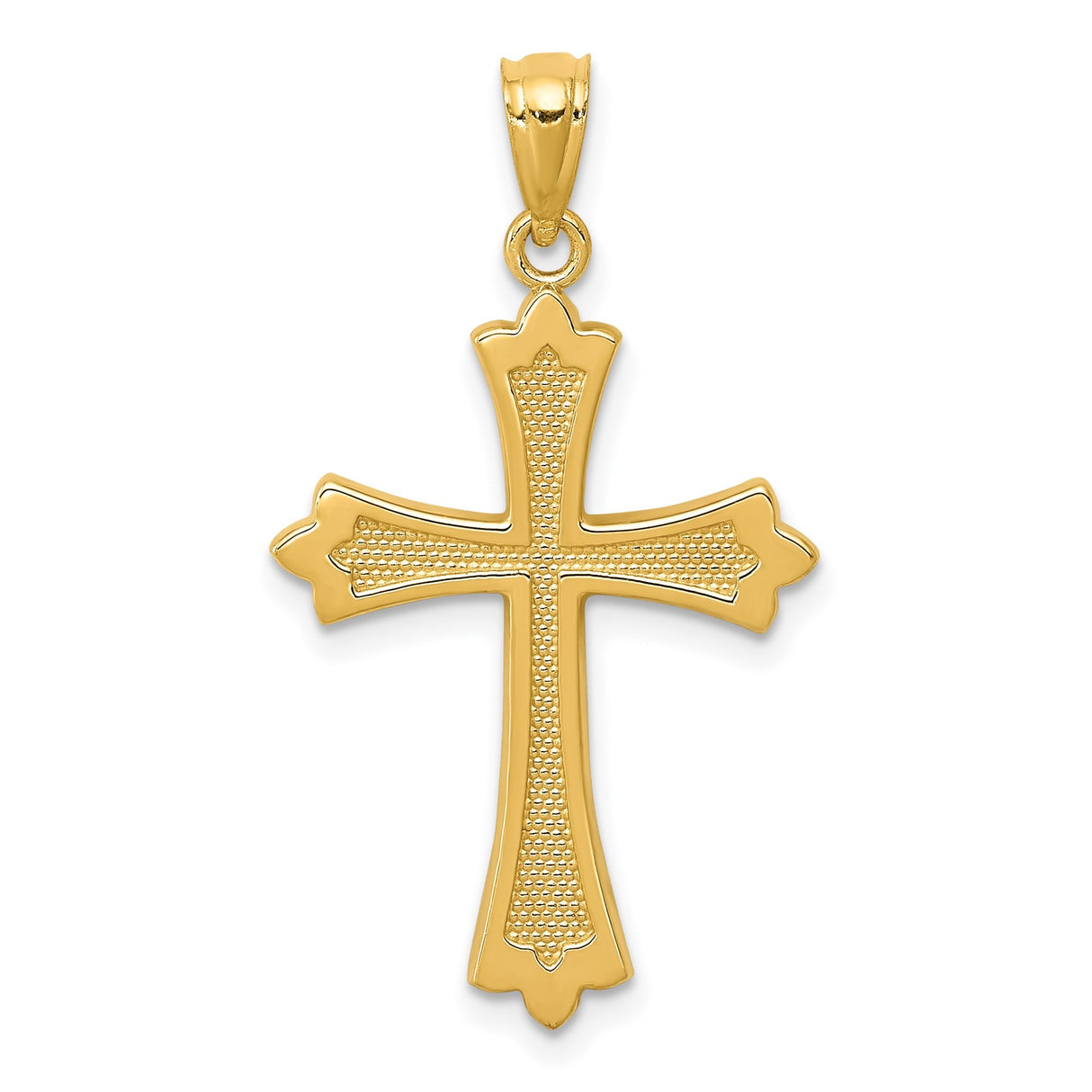 14k Yellow Gold Fleur De Lis Cross Pendant with Textured Surface and Mirror Edge Design