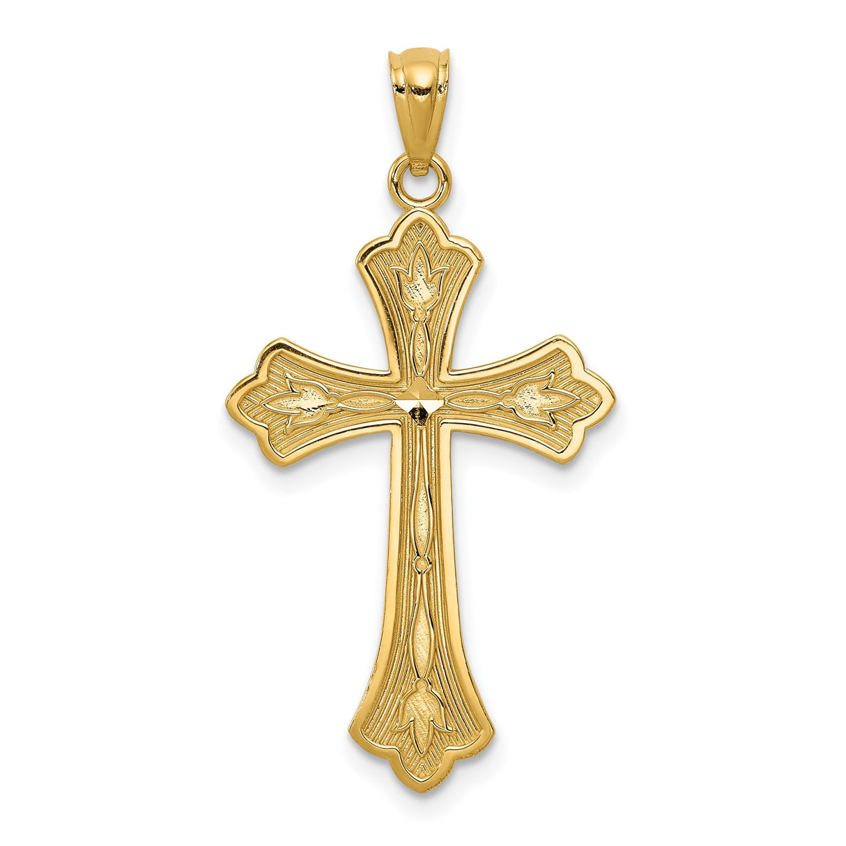 14k Yellow Gold Fleur De Lis Cross Pendant with Diamond Cut Detailing and Flared Edges