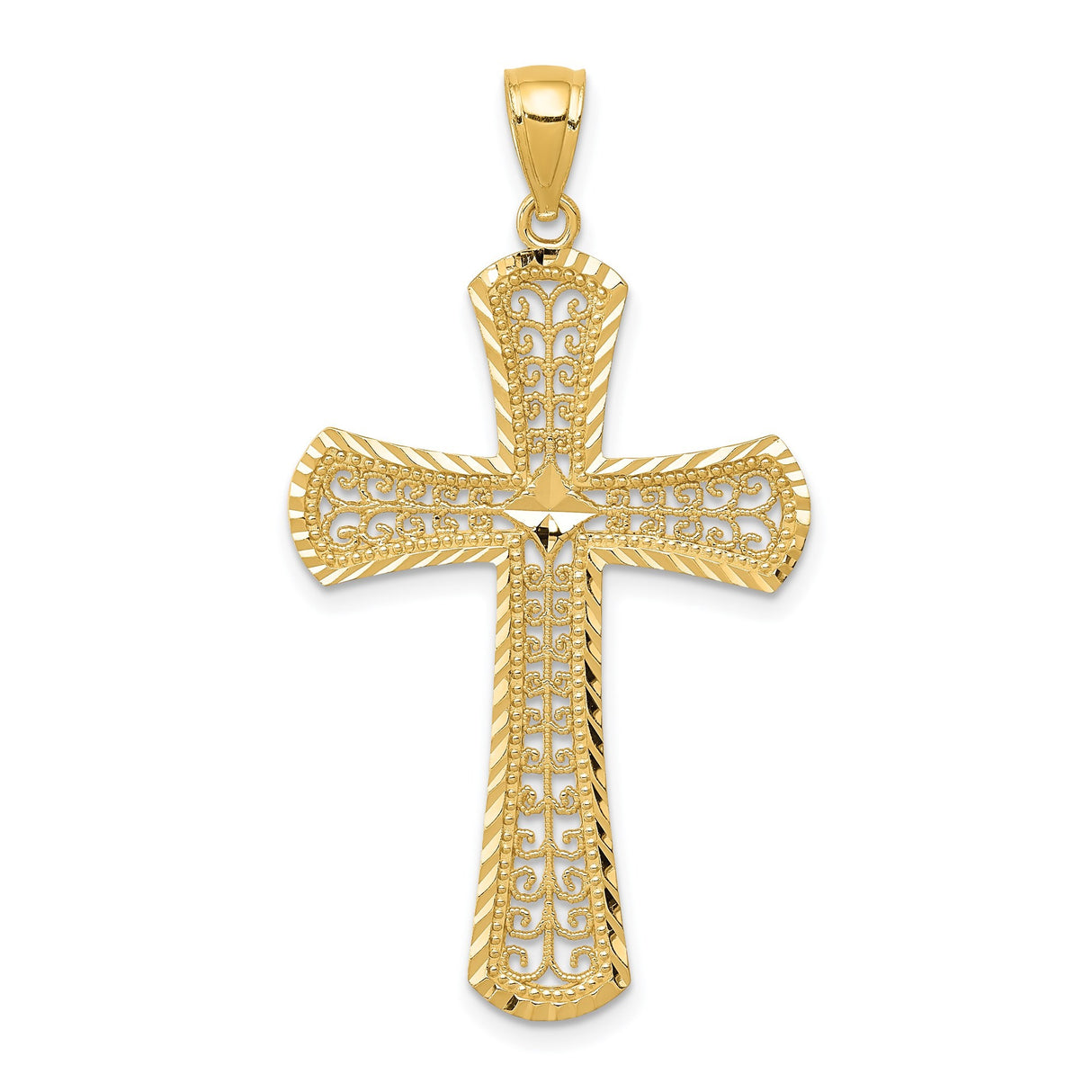 14k Yellow Gold Cross Pendant with Twisted Edge and Filigree Design