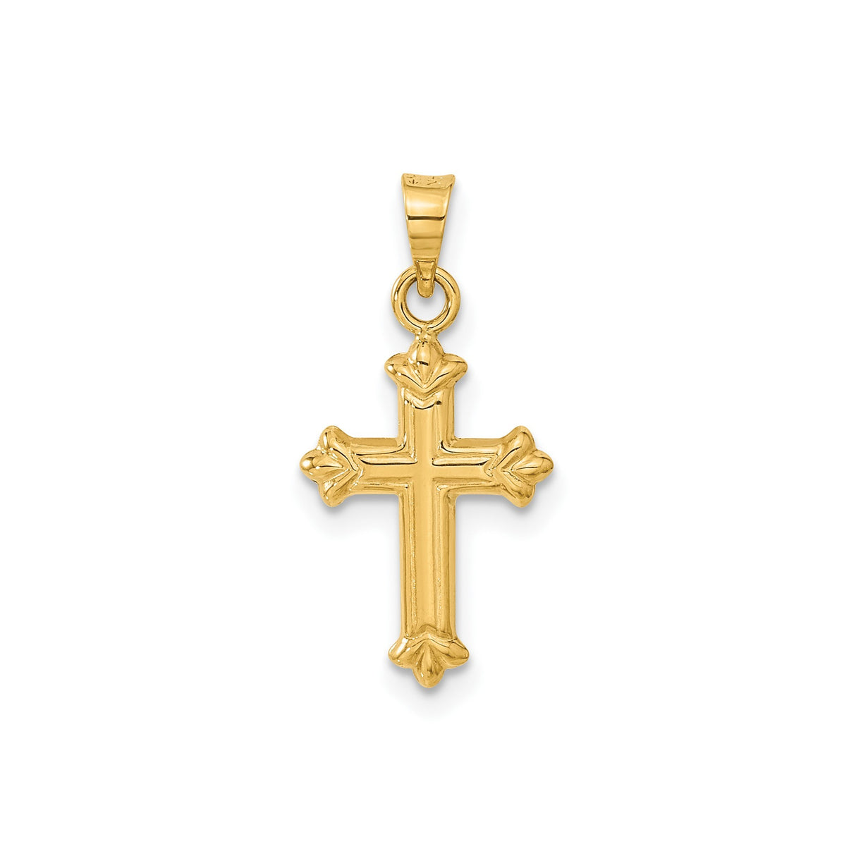 14k Yellow Gold Cross Pendant with Fleur De Lis Design and Beveled Edge