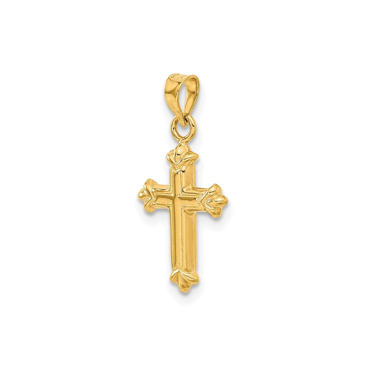 14k Yellow Gold Cross Pendant with Fleur De Lis Design and Beveled Edge
