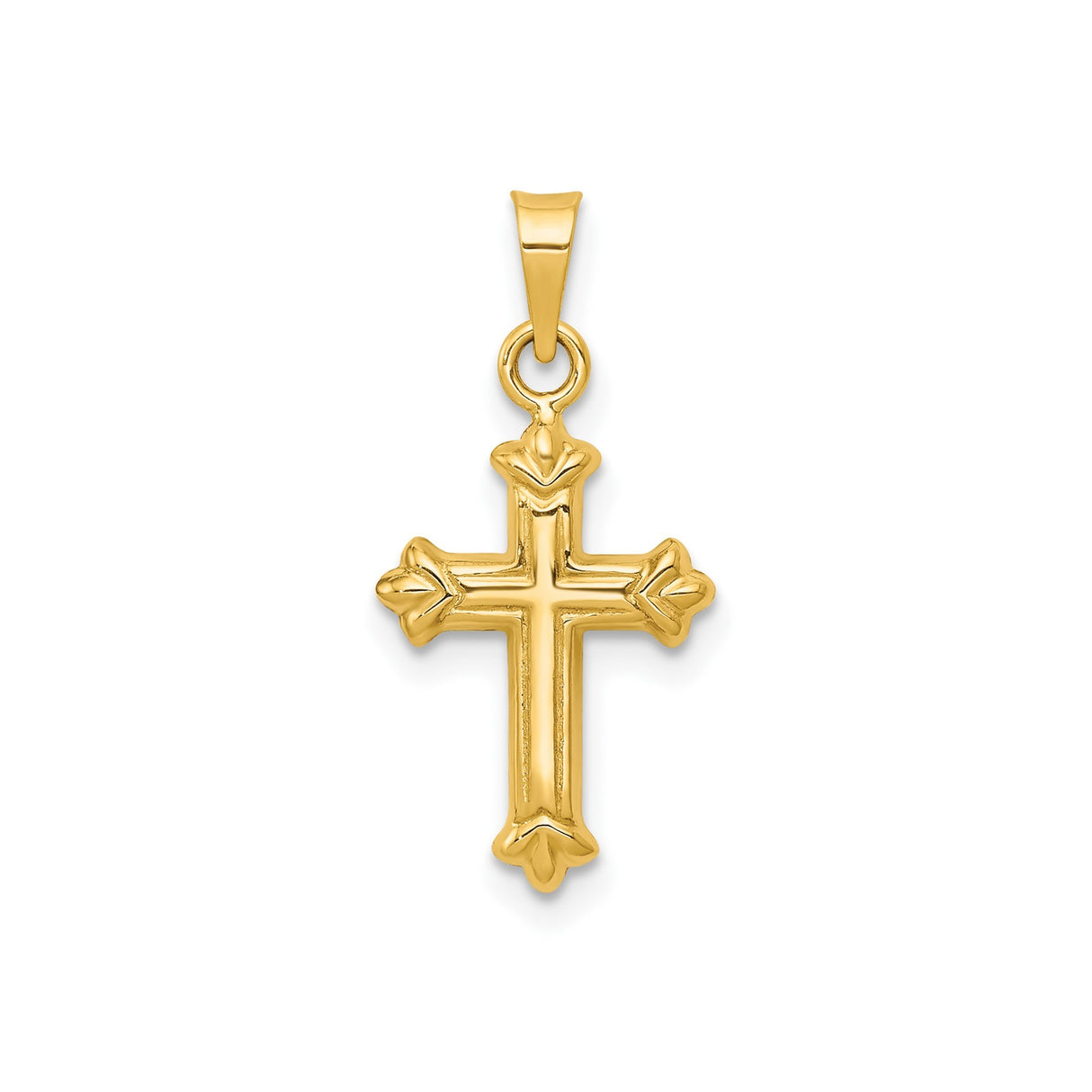 14k Yellow Gold Cross Pendant with Fleur De Lis Design and Beveled Edge