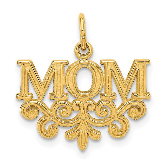 14k Yellow Gold Mom Pendant with Ornate Scrollwork Design, Sentimental Family Jewelry