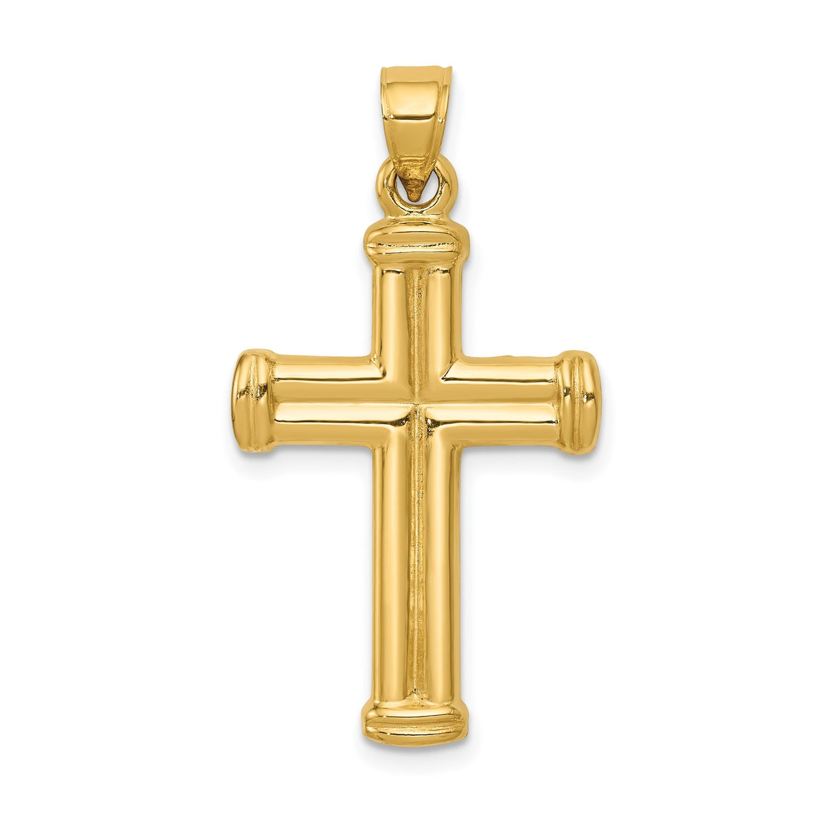 14k Yellow Gold Cross Pendant with Smooth Edges and Capped Ends for Men and Women