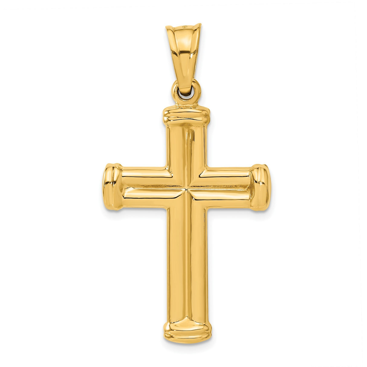 14k Yellow Gold 3D Latin Cross Pendant with High Polish Finish and Capped Ends