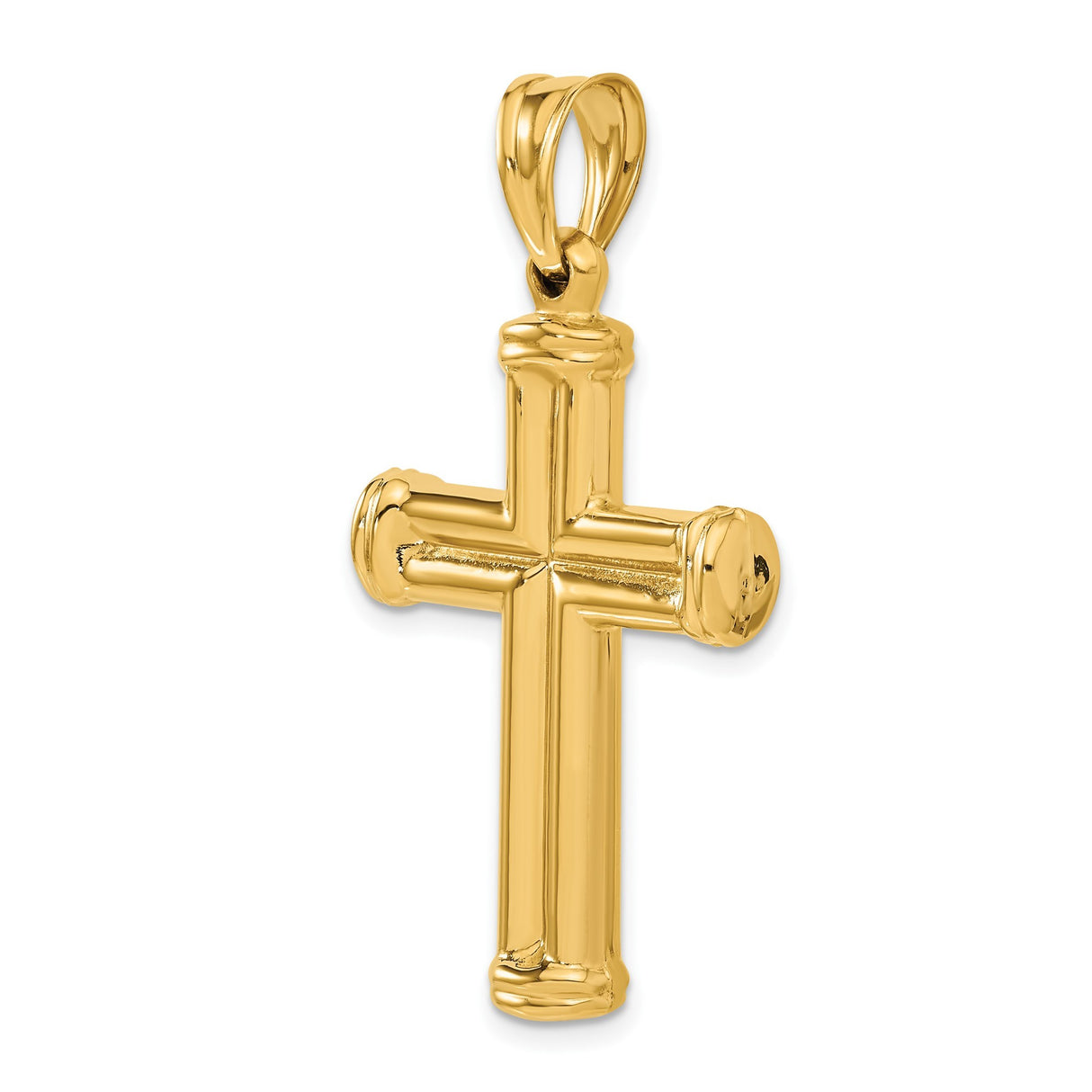 14k Yellow Gold 3D Latin Cross Pendant with High Polish Finish and Capped Ends