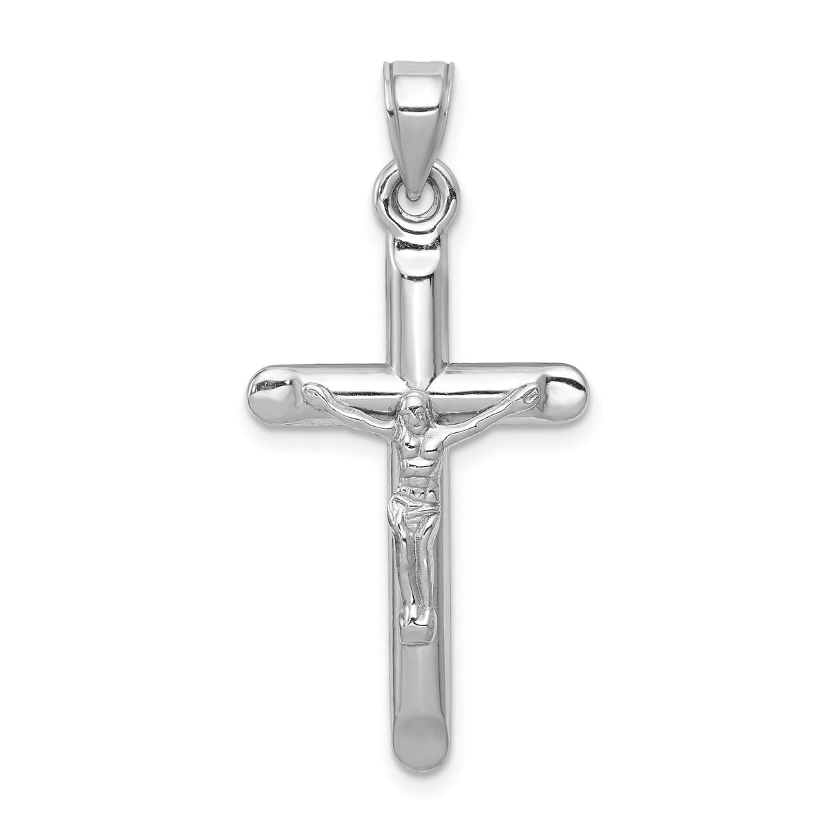 14k White Gold Crucifix Pendant, Polished Latin Cross with Jesus, Catholic Religious Jewelry