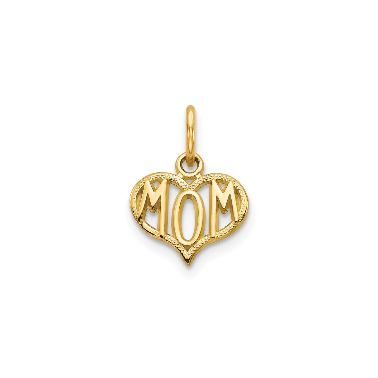 14k Yellow Gold Mom Charm Pendant, Heart Shaped with Bold Lettering, Sentimental Keepsake Jewelry