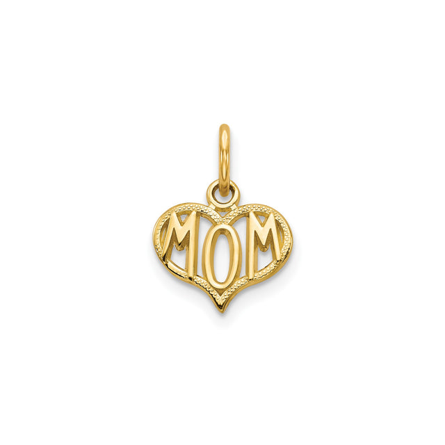 14k Yellow Gold Mom Charm Pendant, Heart Shaped with Bold Lettering, Sentimental Keepsake Jewelry