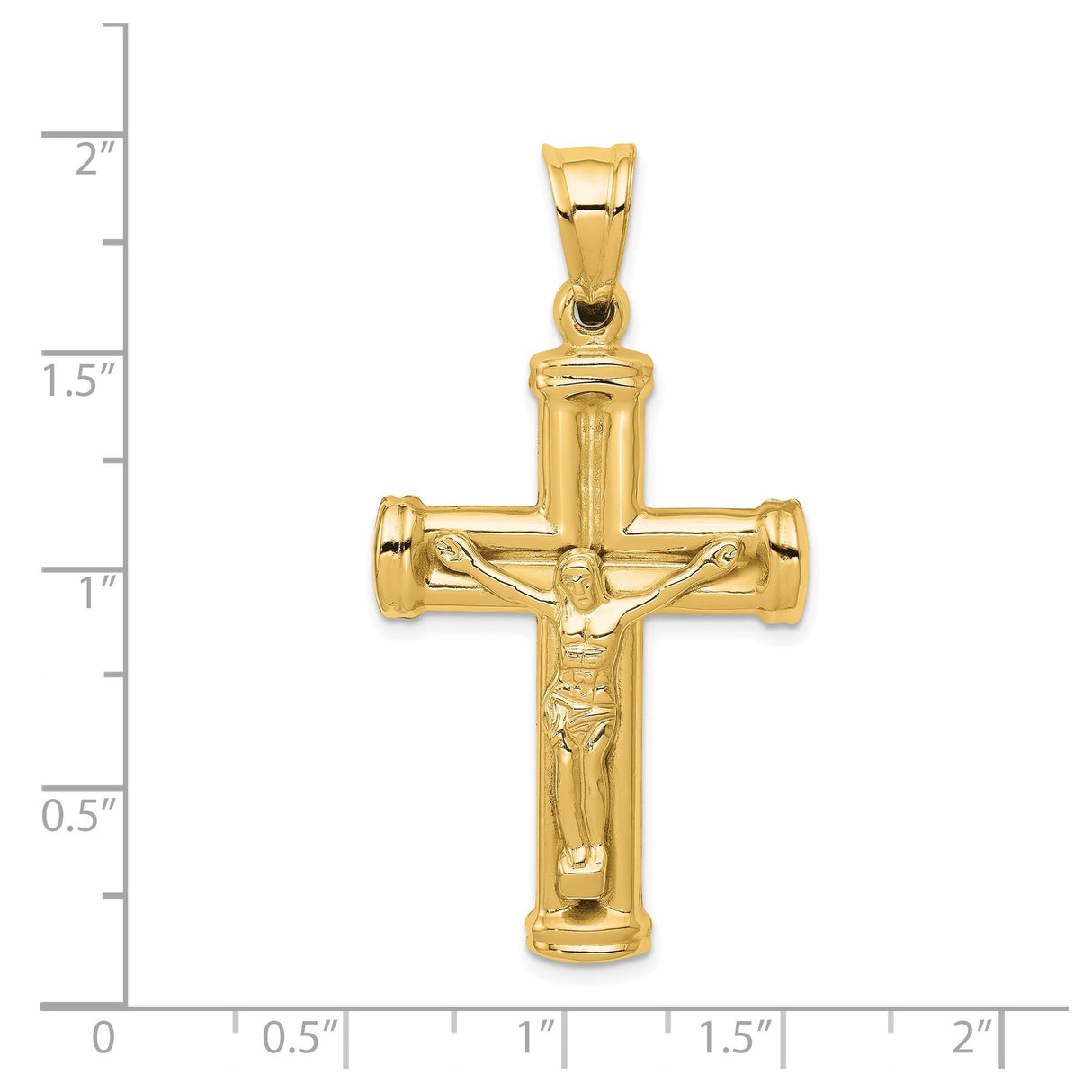 14k Yellow Gold Crucifix Pendant, Latin Cross with Matte and Glossy Jesus Design