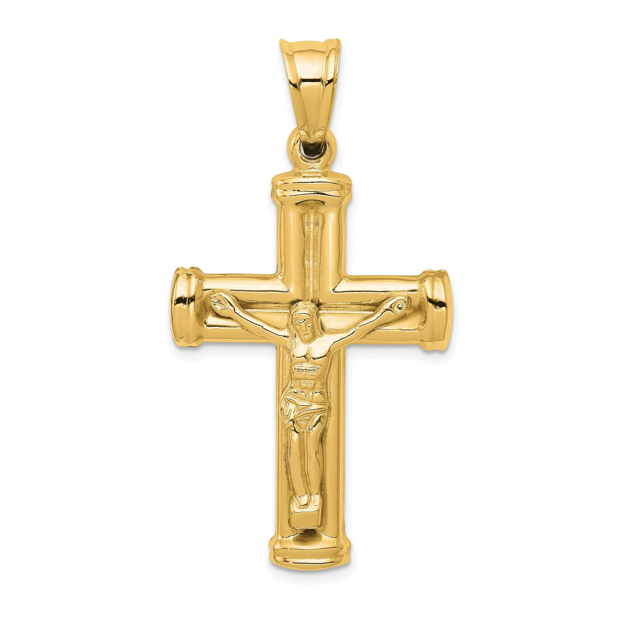 14k Yellow Gold Crucifix Pendant, Latin Cross with Matte and Glossy Jesus Design