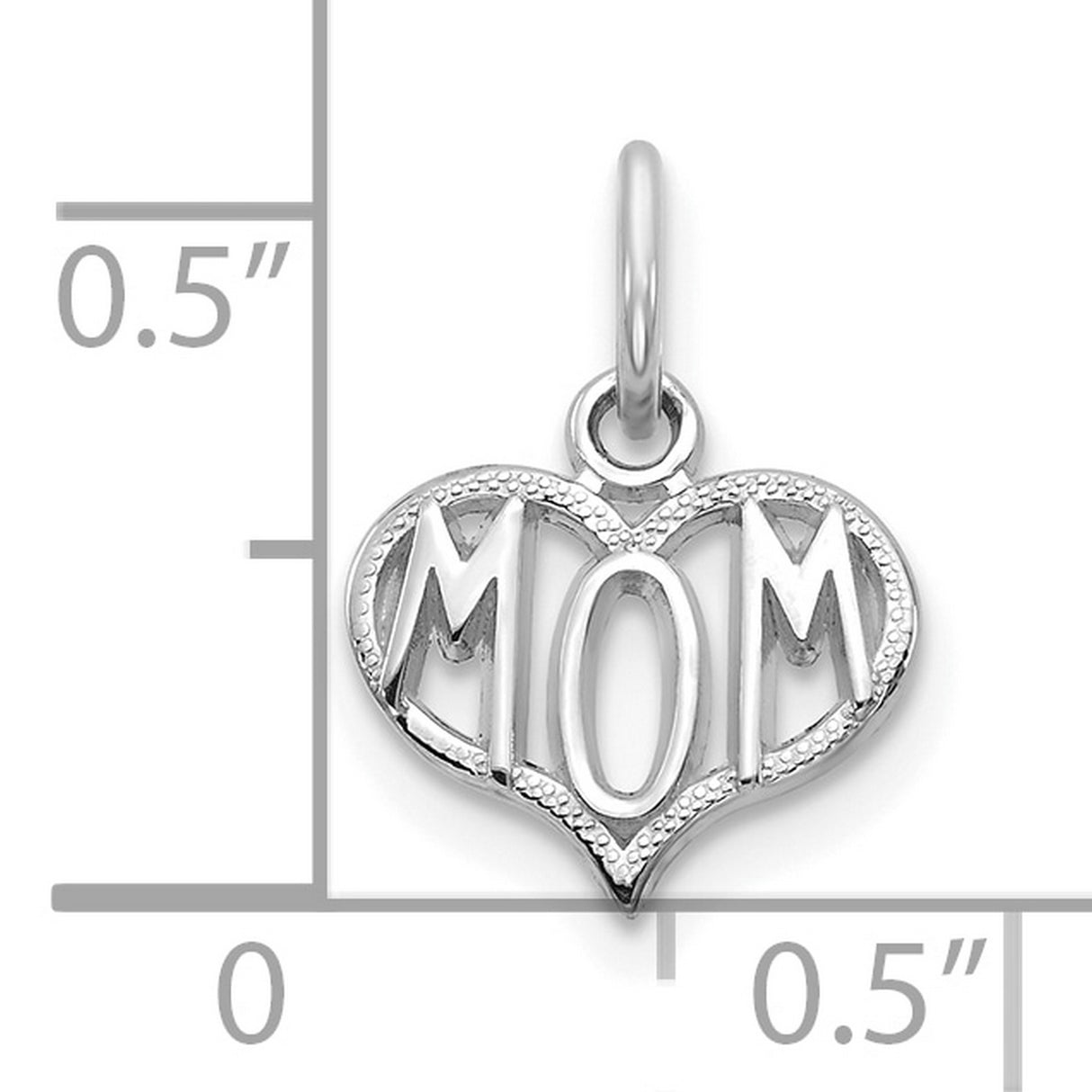 14k White Gold Heart Pendant with Bold MOM Letters, Symbolic Charm for Women