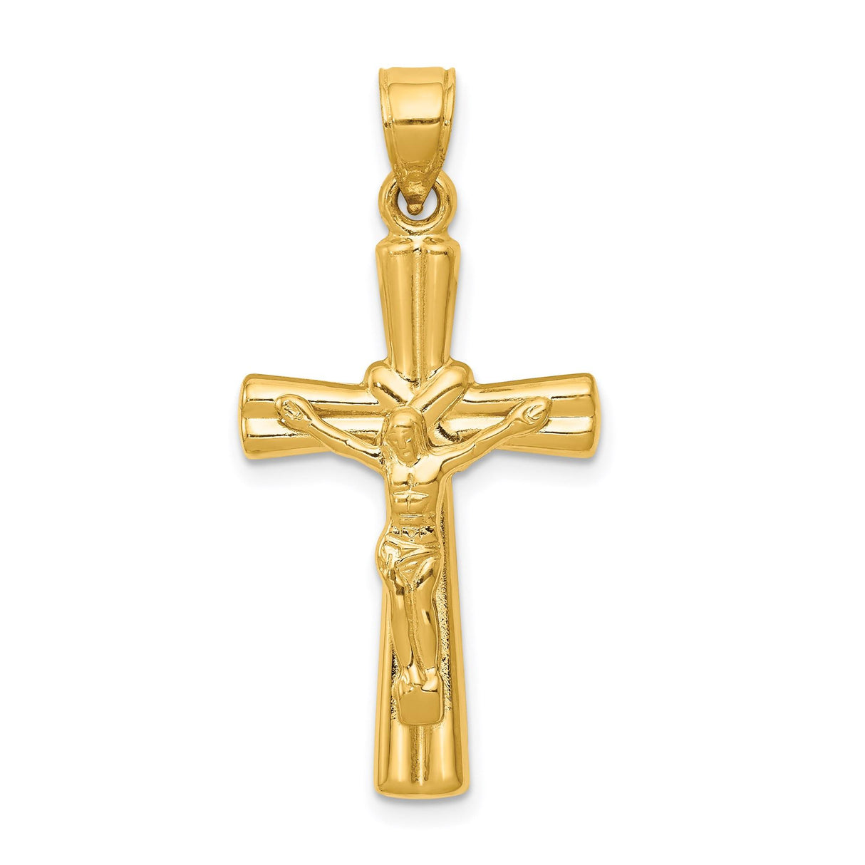 14k Yellow Gold Latin Crucifix Pendant with Raised Jesus Detail, Religious Charm for Men and Women