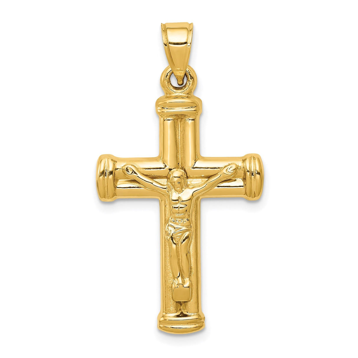 14k Yellow Gold Crucifix Pendant with Detailed Christ Figure and Capped Ends
