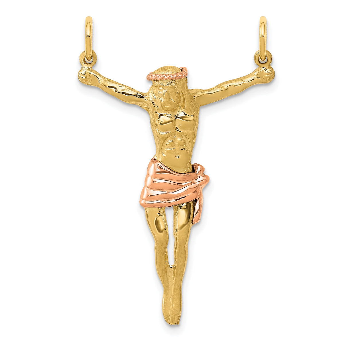 14k Two-Tone Gold Crucifix Pendant with Rose Gold Crown of Thorns, Religious Catholic Jewelry