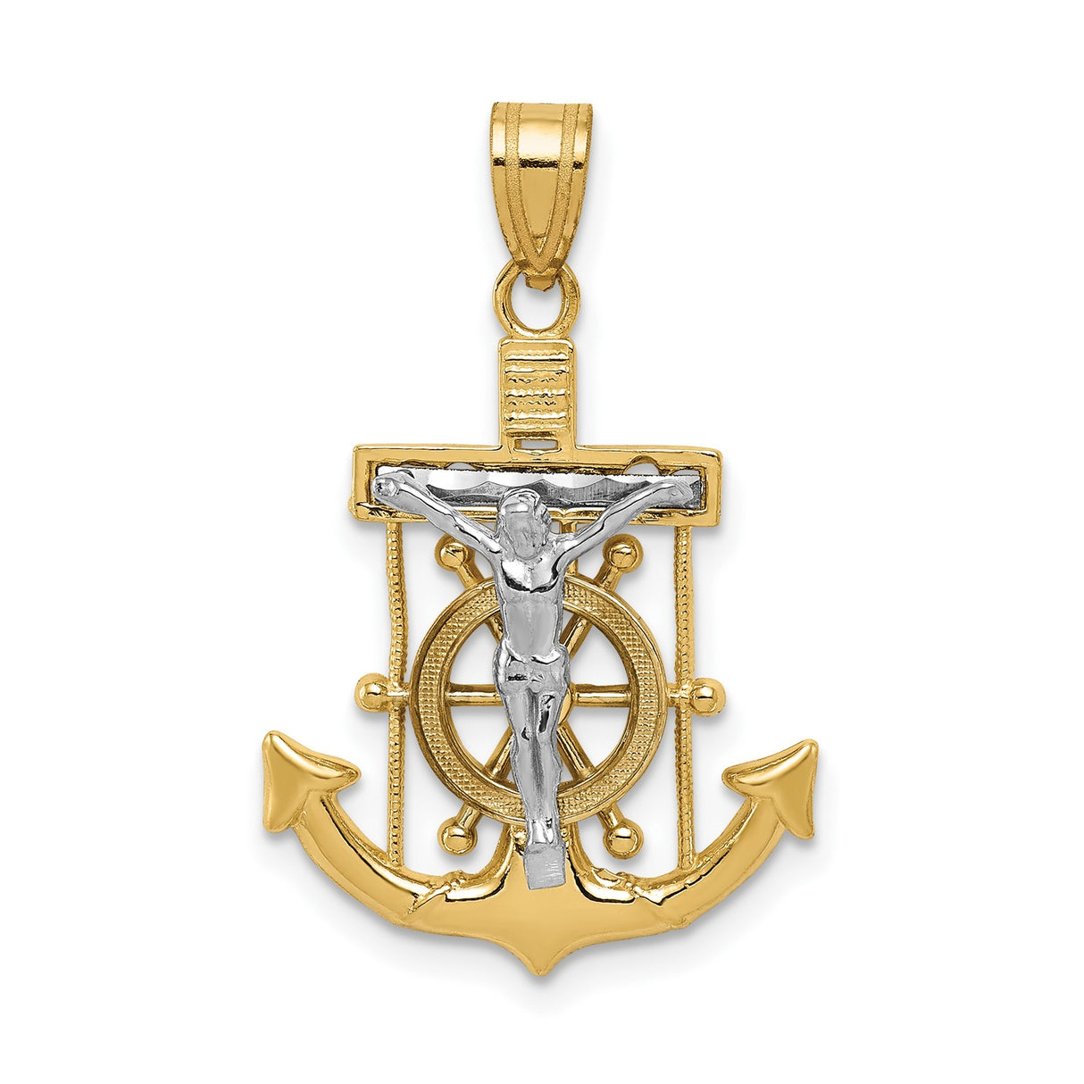 14k Two-Tone Gold Anchor Wheel Cross Pendant with Nautical Crucifix Design