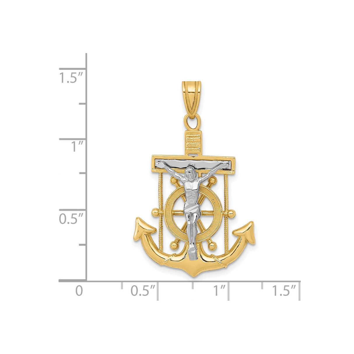 14k Multi-Tone Gold Crucifix Anchor Pendant, Christian Cross with Jesus, Nautical Religious Jewelry