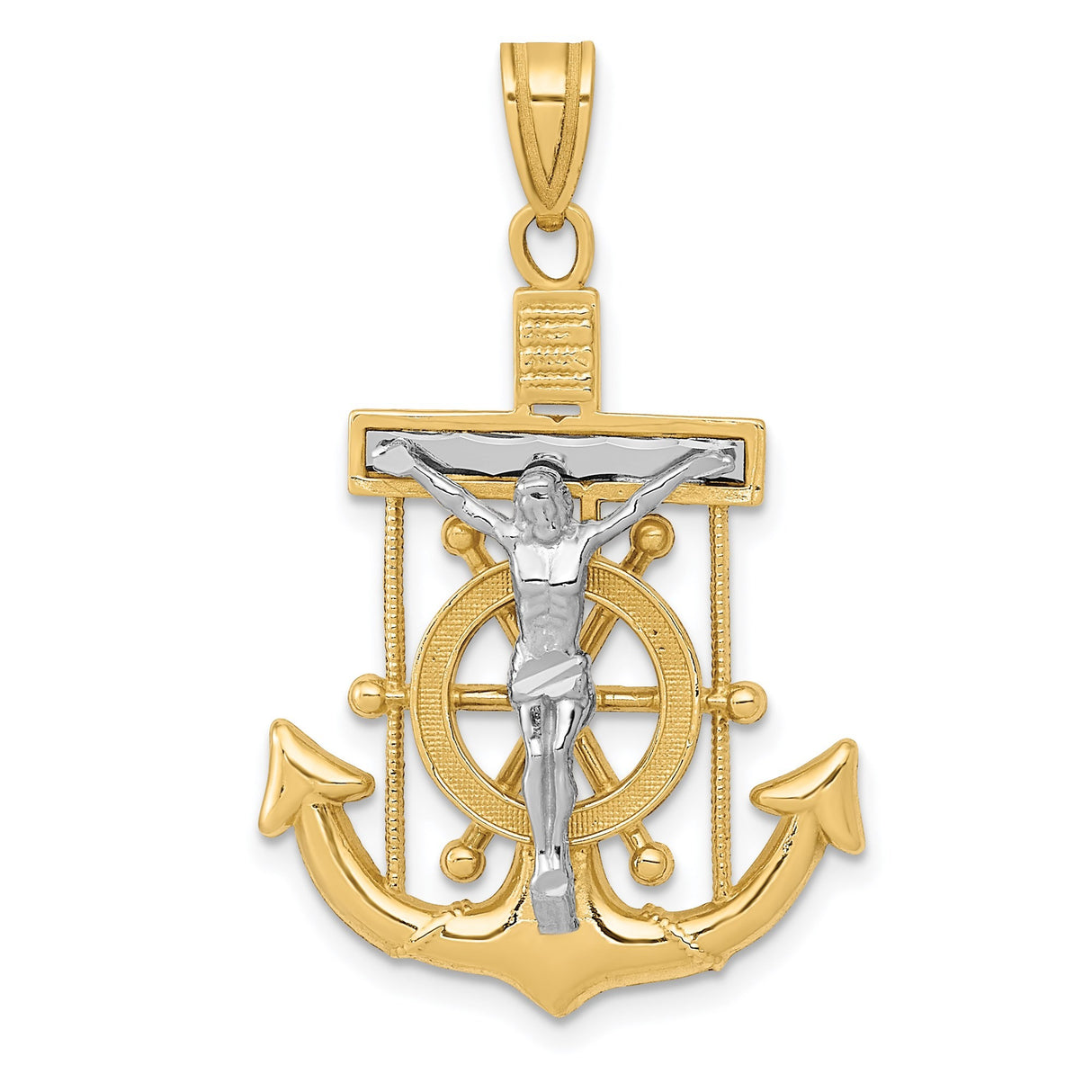 14k Multi-Tone Gold Crucifix Anchor Pendant, Christian Cross with Jesus, Nautical Religious Jewelry