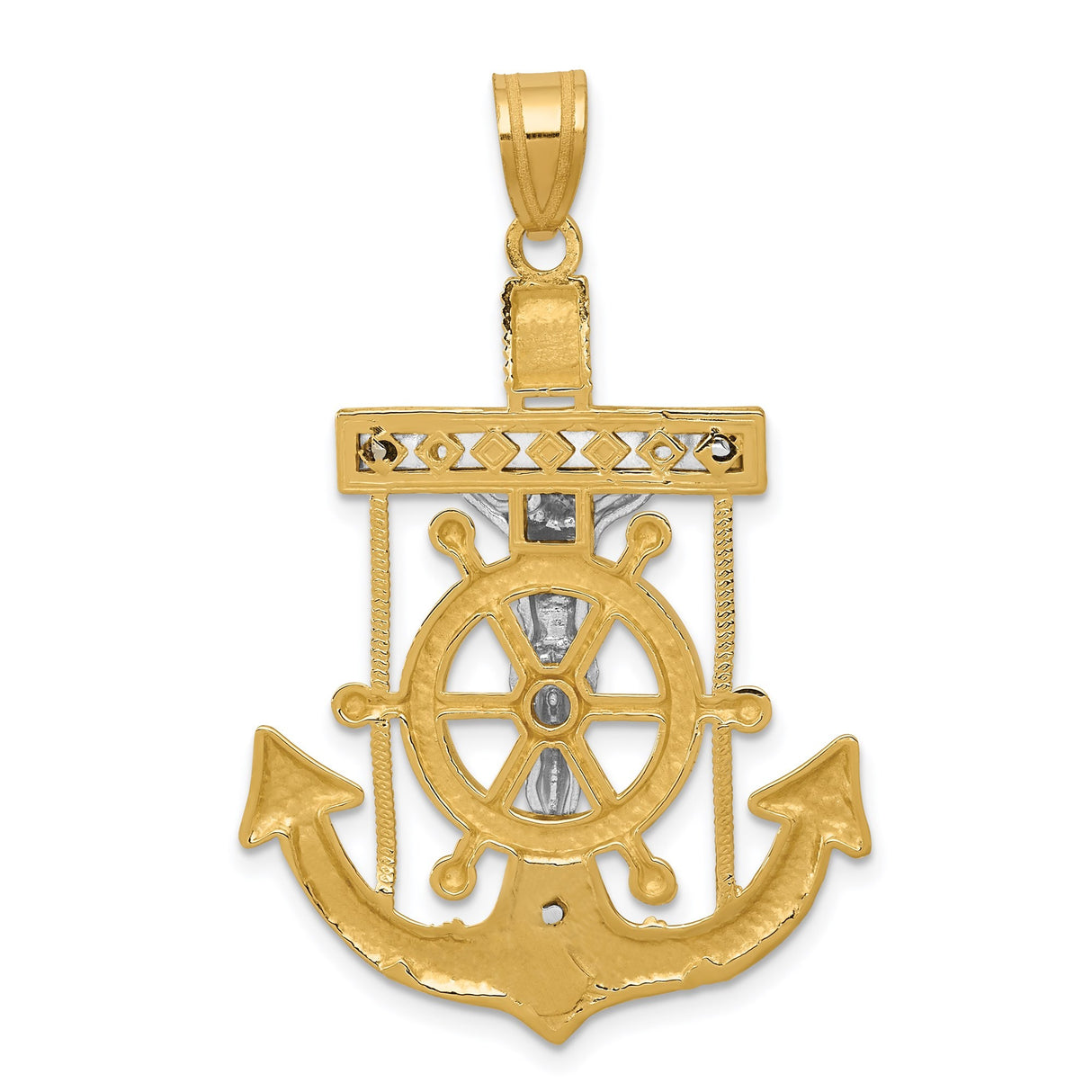 14k Two-Tone Gold Anchor Cross Pendant with Nautical Mariner Wheel Design