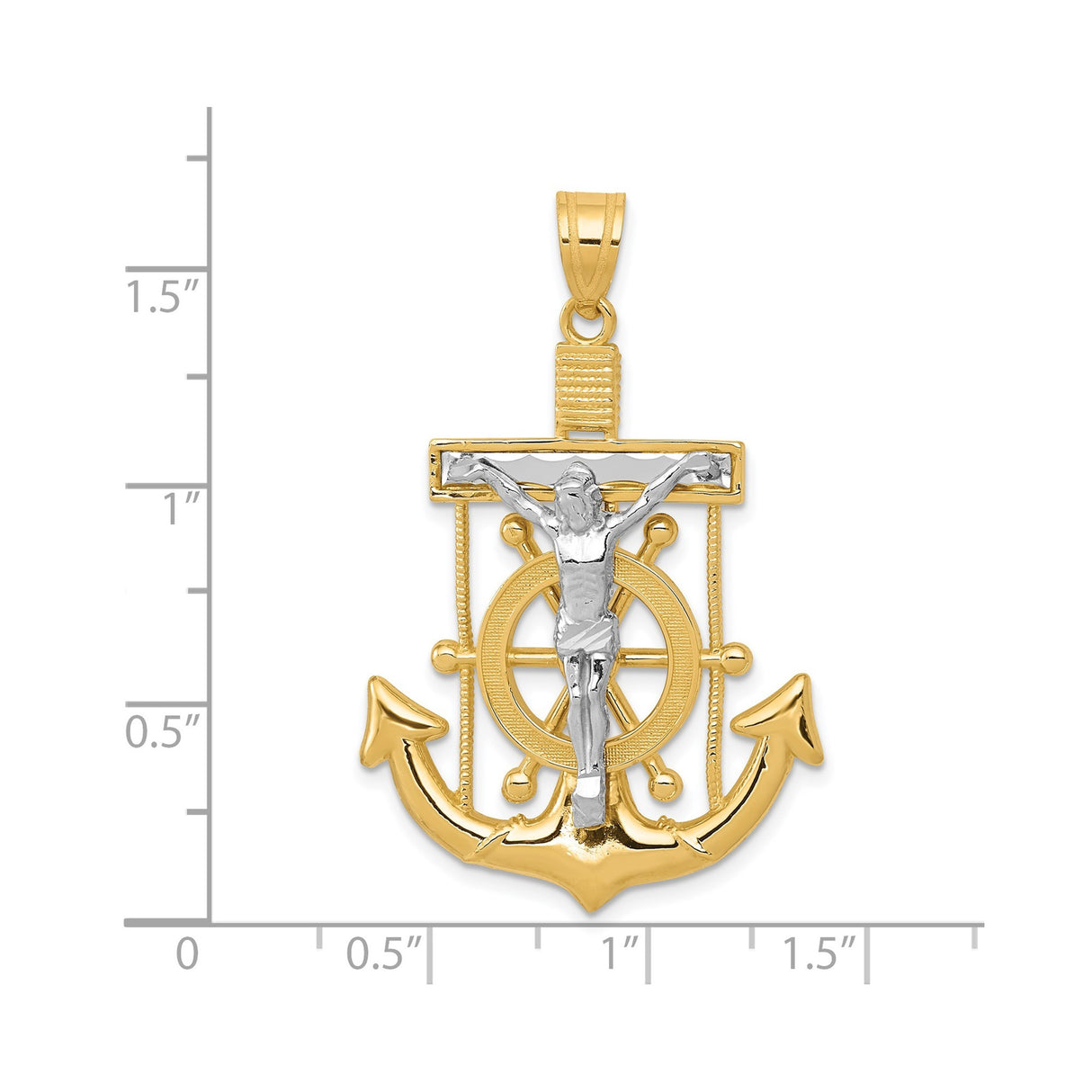14k Two-Tone Gold Anchor Cross Pendant with Nautical Mariner Wheel Design