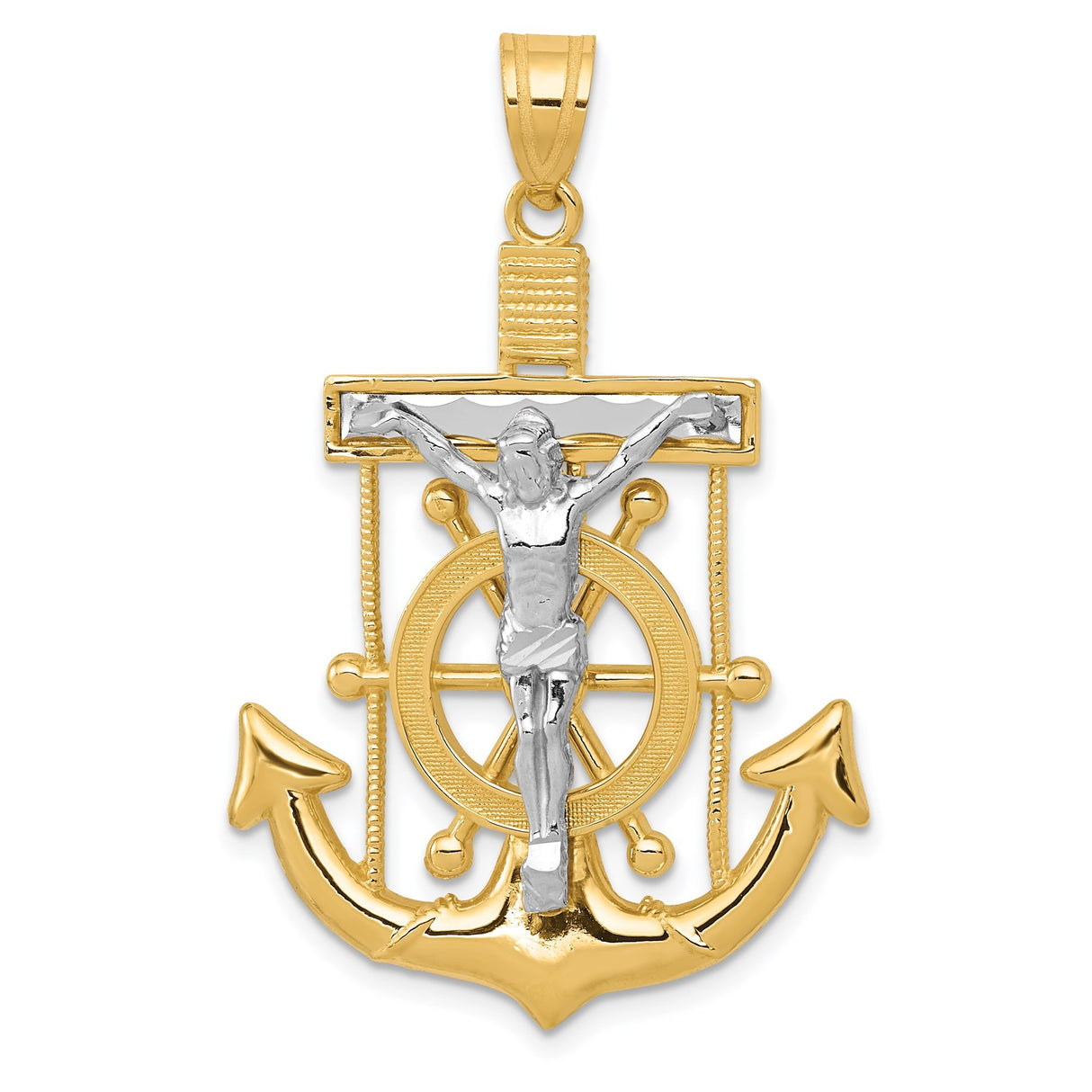 14k Two-Tone Gold Anchor Cross Pendant with Nautical Mariner Wheel Design