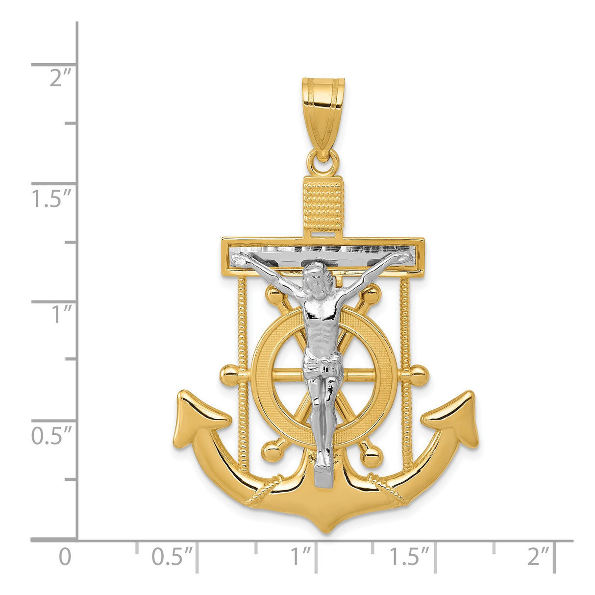 14k Two-Tone Gold Anchor Crucifix Pendant with Ship Wheel and Jesus Design