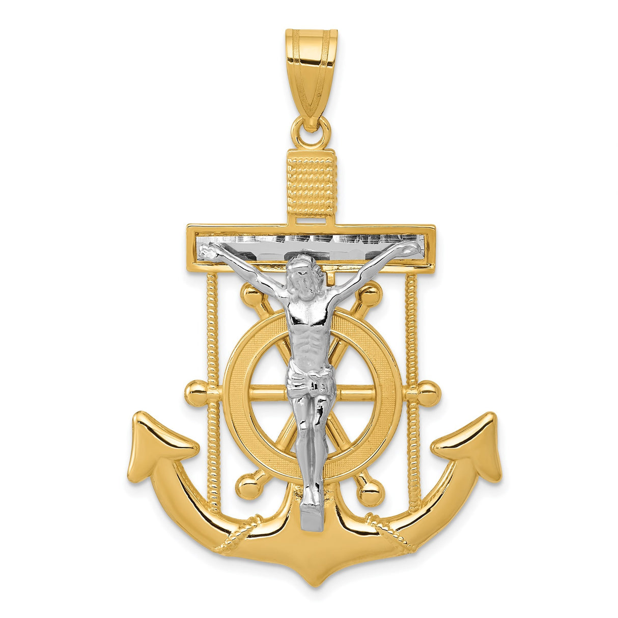 14k Two-Tone Gold Anchor Crucifix Pendant with Ship Wheel and Jesus Design