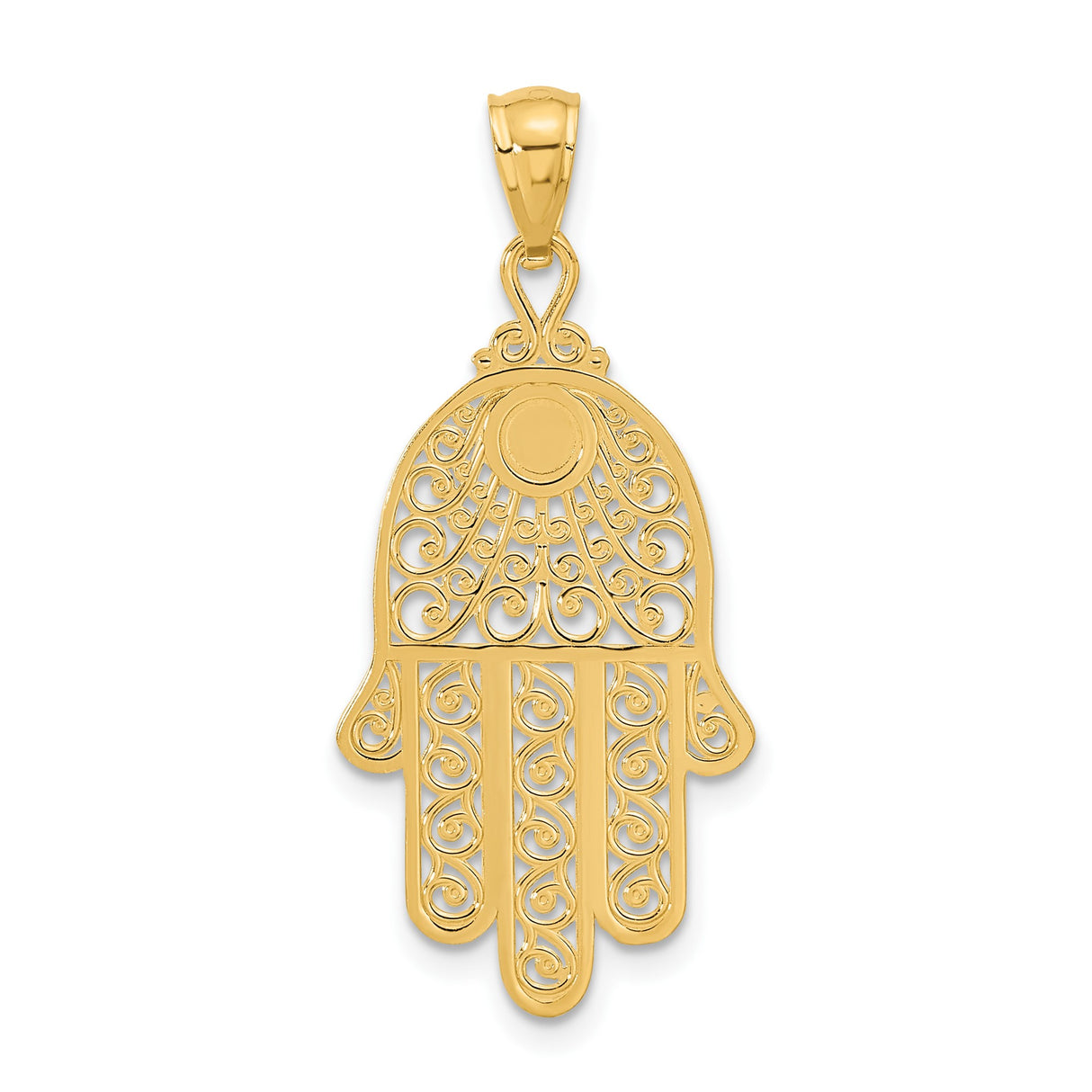 14k Yellow Gold Hamsa Pendant with Radiating Star Design, Filigree Hand Symbol for Protection