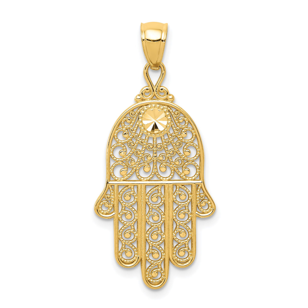 14k Yellow Gold Hamsa Pendant with Radiating Star Design, Filigree Hand Symbol for Protection