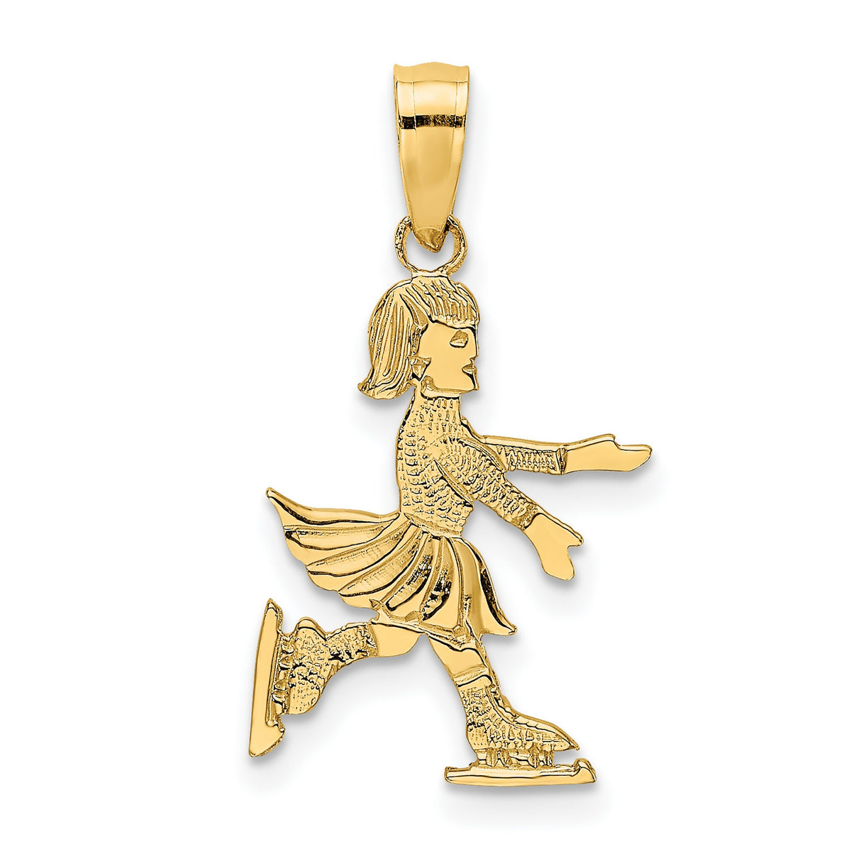 14k Yellow Gold Figure Skater Pendant with Textured Outfit and Ice Skates