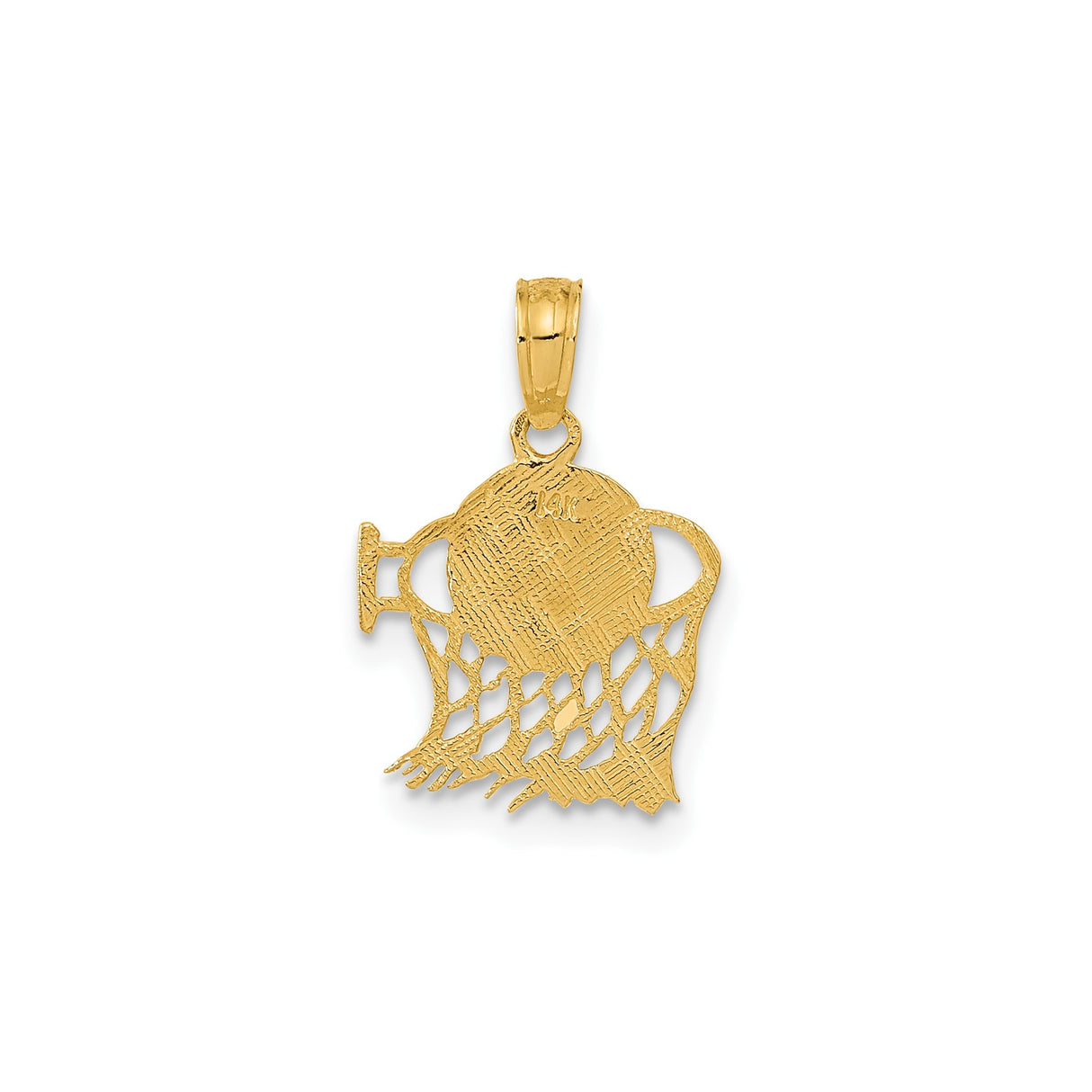 14k Yellow Gold Basketball in Net Pendant, Sports Charm Symbolizing Teamwork and Dedication