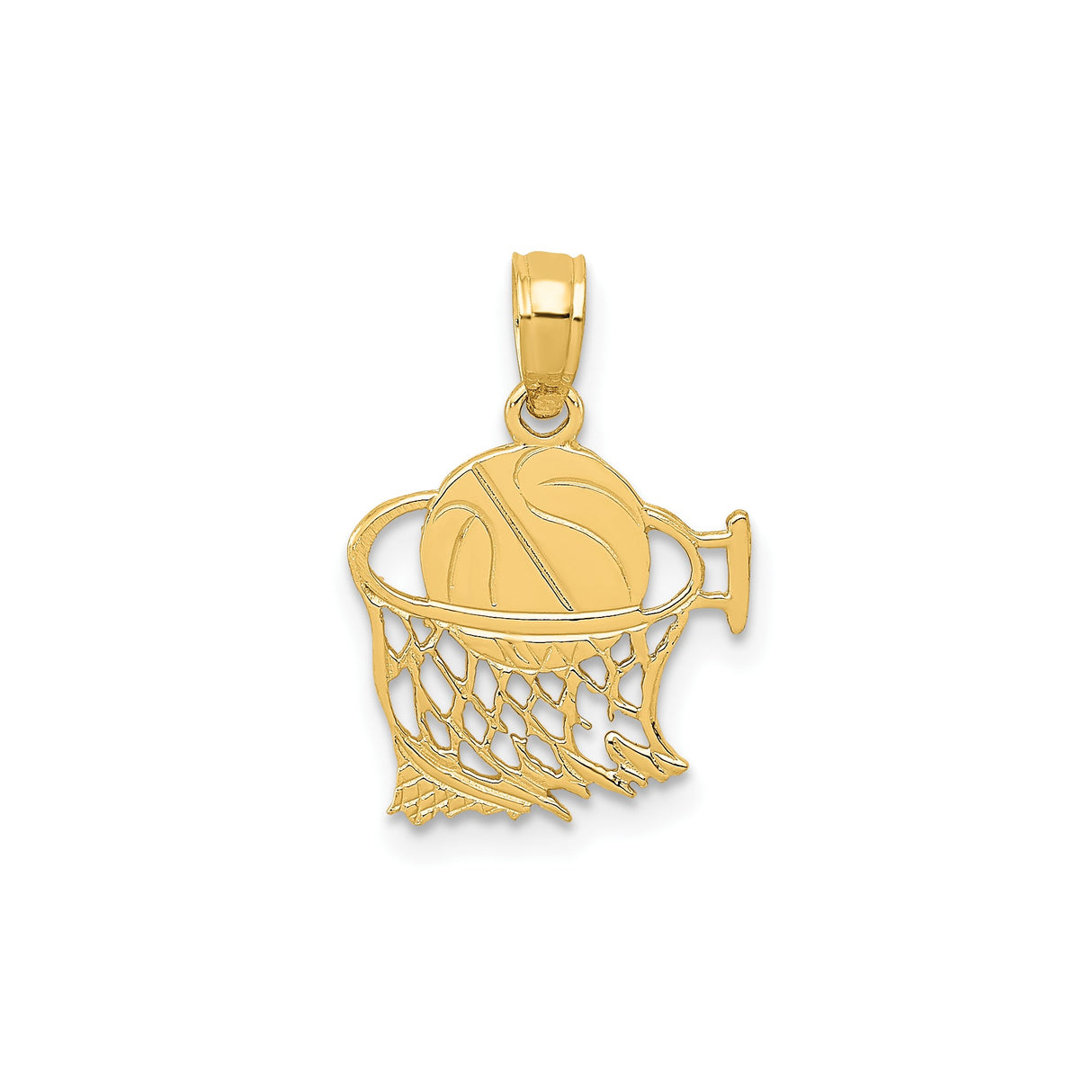 14k Yellow Gold Basketball in Net Pendant, Sports Charm Symbolizing Teamwork and Dedication
