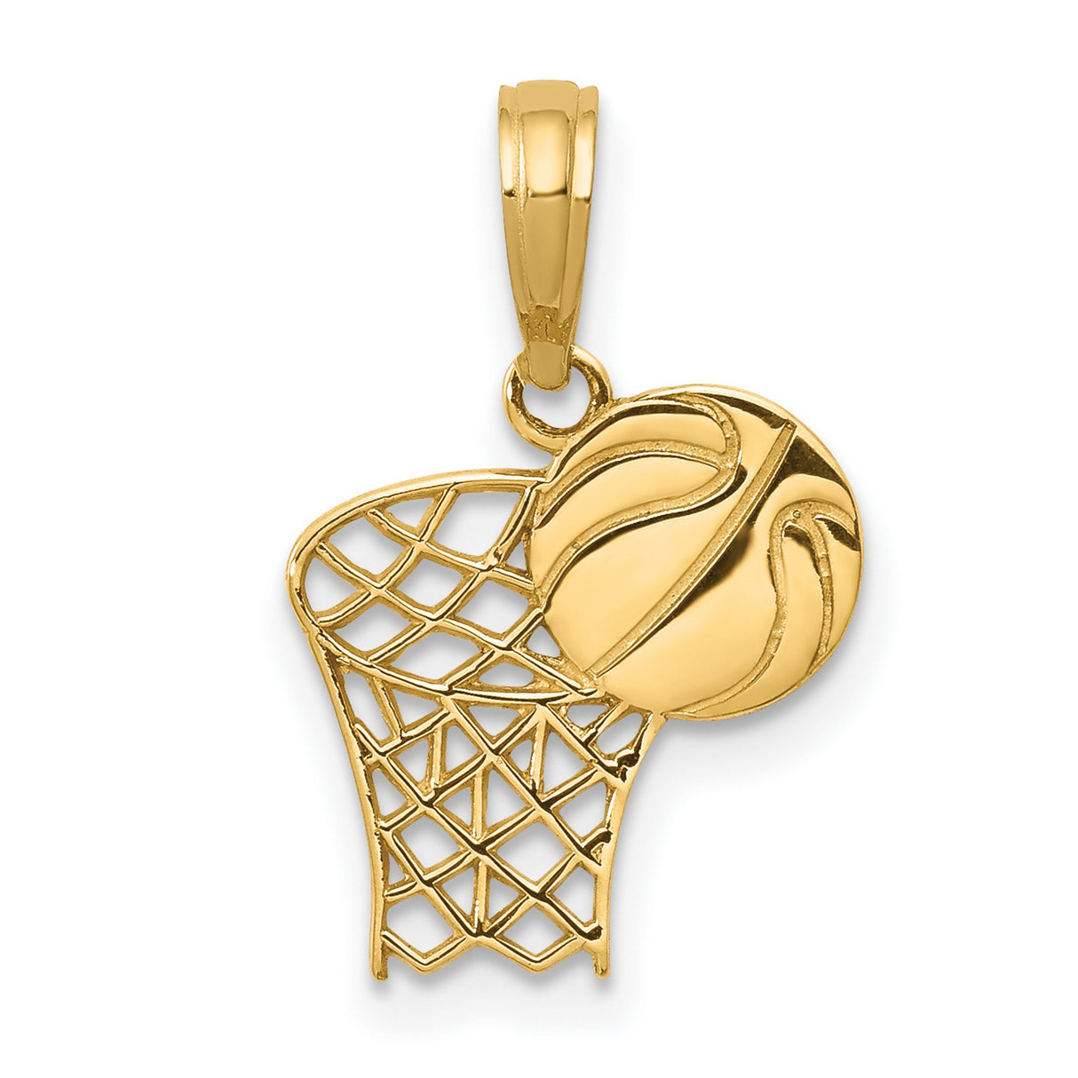 14k Yellow Gold Basketball Hoop Pendant with Net Design, Unisex Sports Charm